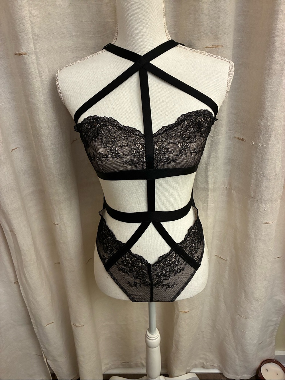 Victoria’s Secret Black Lace & Harness Strappy Bodysuit - Size Medium